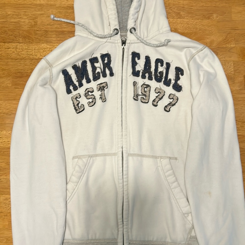 Vintage American Eagle Zip Up Hoodie Unisex White Est 1977 Logo Size Small